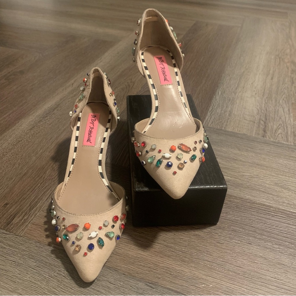 Betsey Johnson Bejeweled Kitten Heels Nude Rainbow Gems